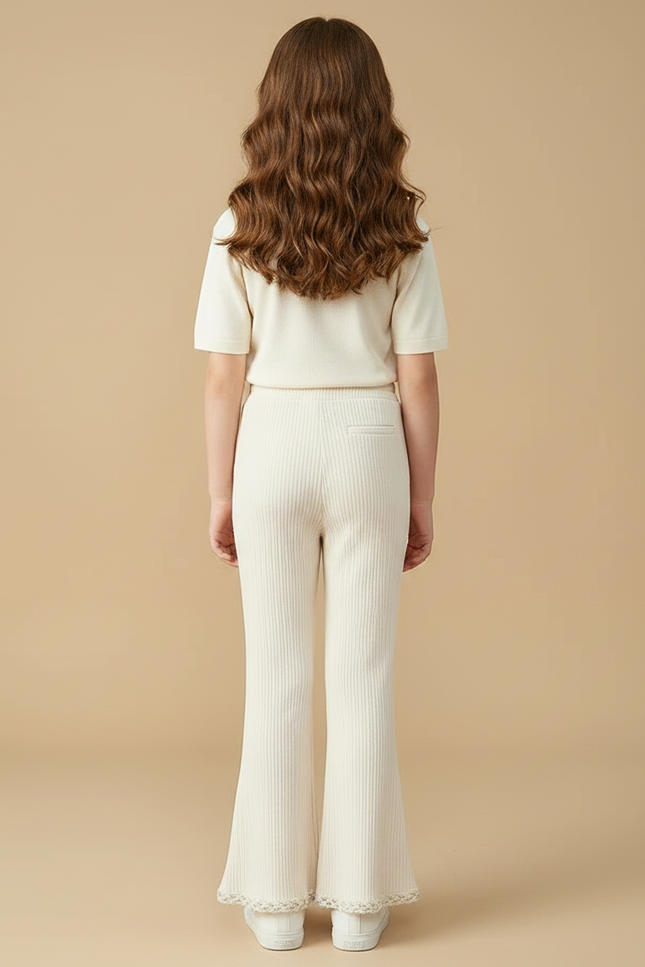 Pantalon Patte D'Éléphant Côtelé Beige Évasé Dentelle Enfant - Maille - vue 2