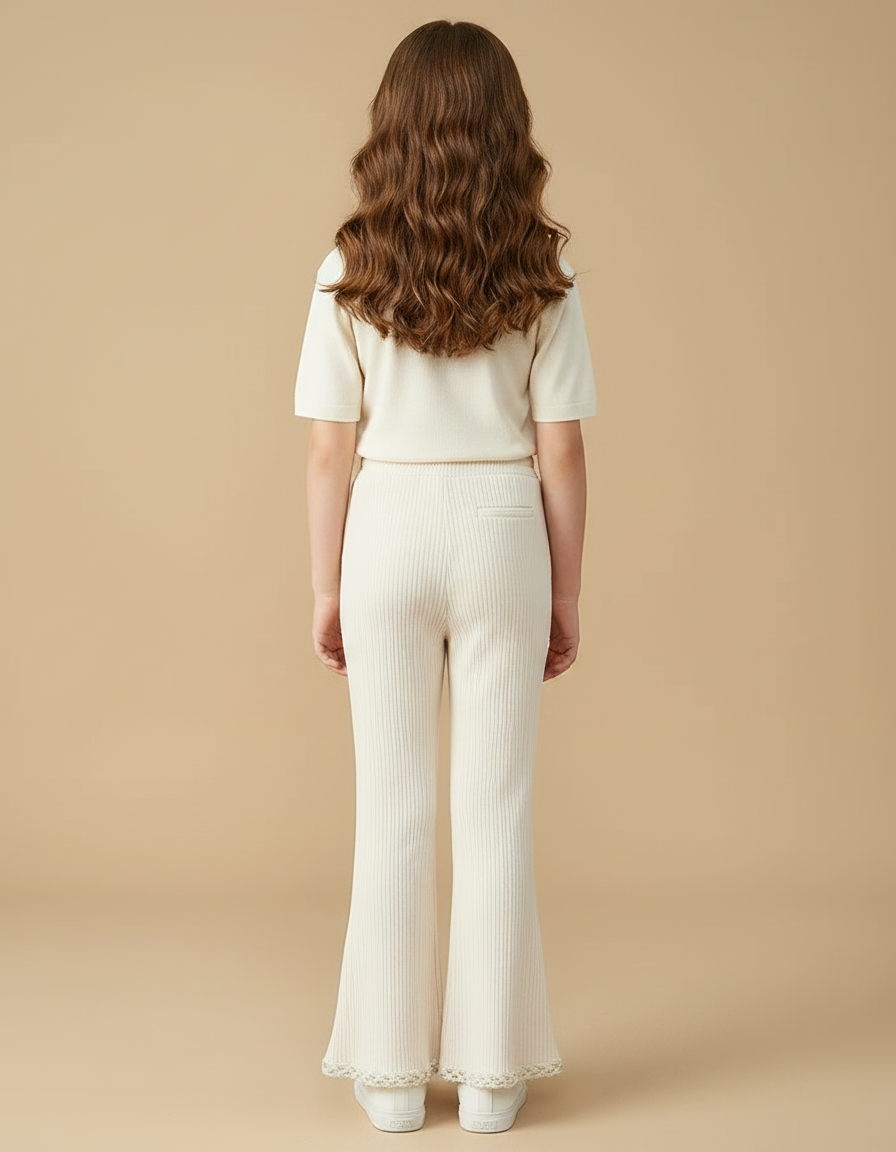 Pantalon Patte D'Éléphant Côtelé Beige Évasé Dentelle Enfant - Maille - vue 2