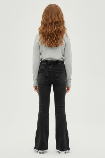 Pantalon Patte D'Éléphant Noir Denim Évasé Nœuds Perles Fille - Jean - vue 2