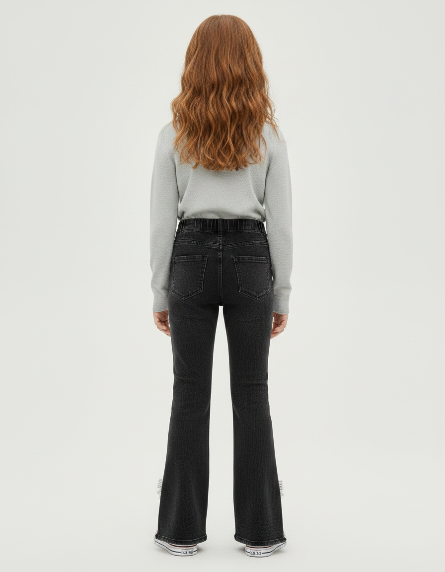 Pantalon Patte D'Éléphant Noir Denim Évasé Nœuds Perles Fille - Jean - vue 2
