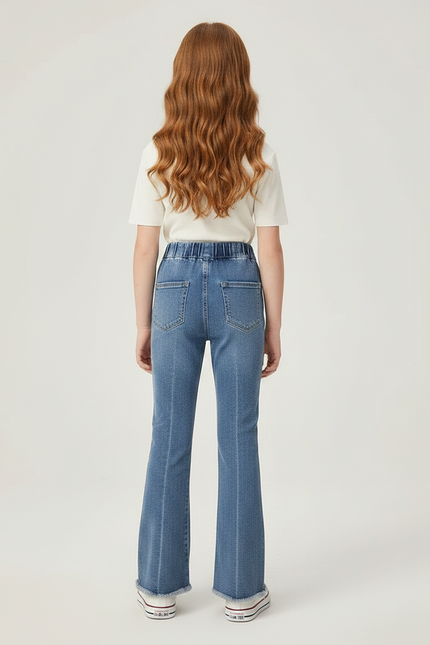 Pantalon Patte D'Éléphant Denim Cœurs Brodés Taille Élastique - Bleu Jean - vue 2