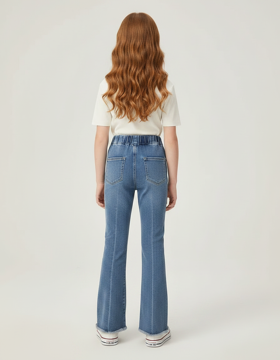Pantalon Patte D'Éléphant Denim Cœurs Brodés Taille Élastique - Bleu Jean - vue 2