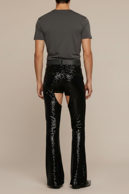 Pantalon Patte D'Éléphant Pailleté Noir Évasé Ouvert Homme - Polyester - vue 2