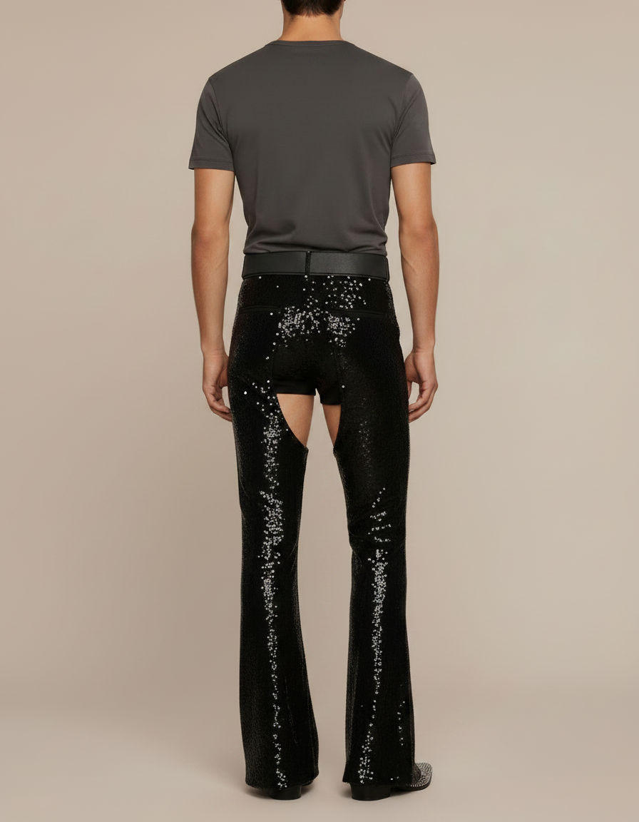 Pantalon Patte D'Éléphant Pailleté Noir Évasé Ouvert Homme - Polyester - vue 2