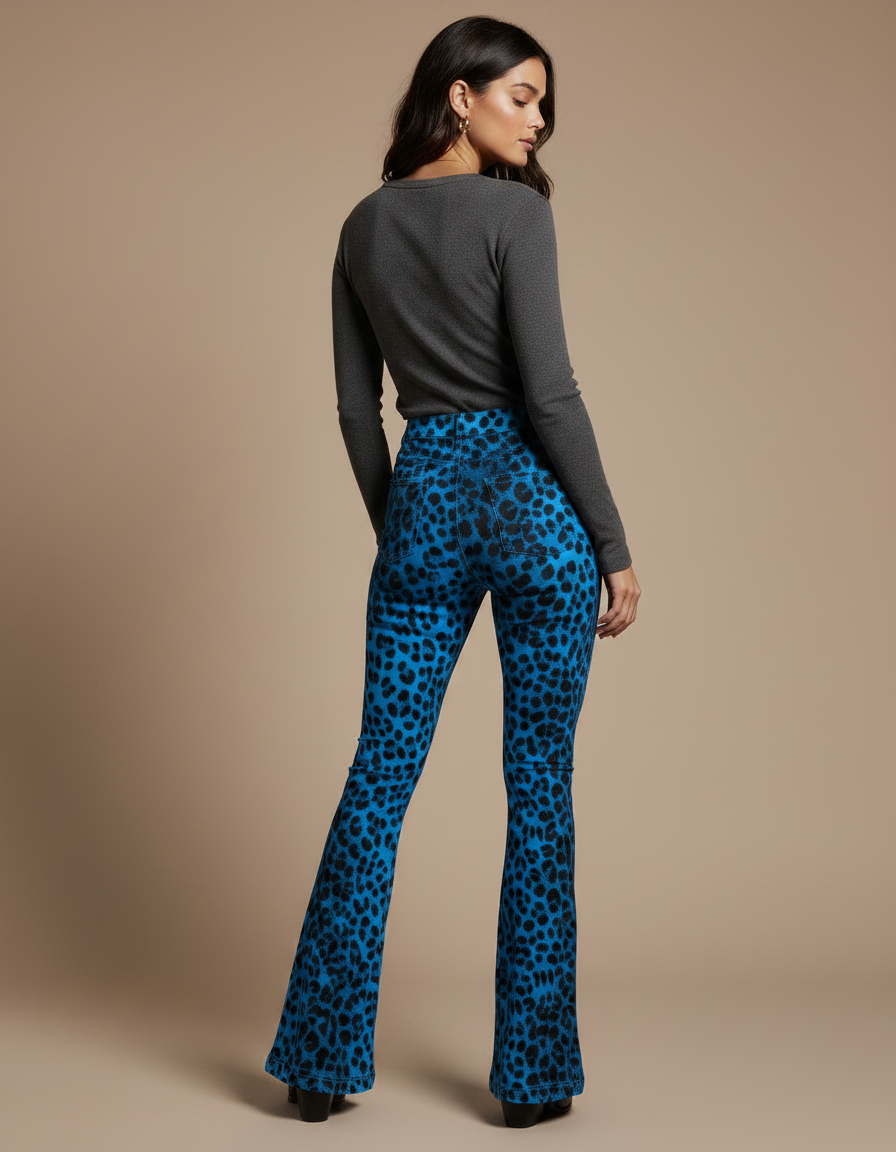Pantalon Patte D'Éléphant Léopard Bleu Imprimé Évasé - Maille - vue 2