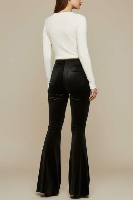 Pantalon Patte D'Éléphant Noir Velours Taille Haute Évasé - vue 2