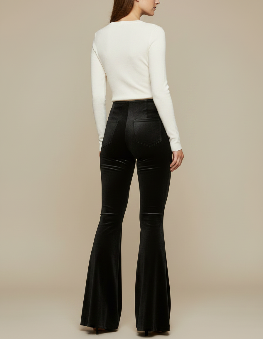 Pantalon Patte D'Éléphant Noir Velours Taille Haute Évasé - vue 2