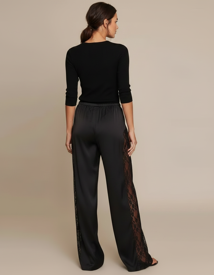 Pantalon Patte D'Éléphant Noir Satiné Dentelle Fluide Élégant - vue 2