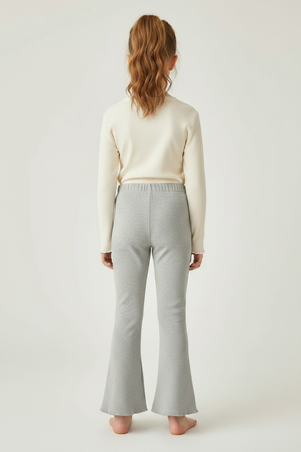 Pantalon Patte D'Éléphant Gris Côtelé Évasé Brodé Fille - Maille - vue 2