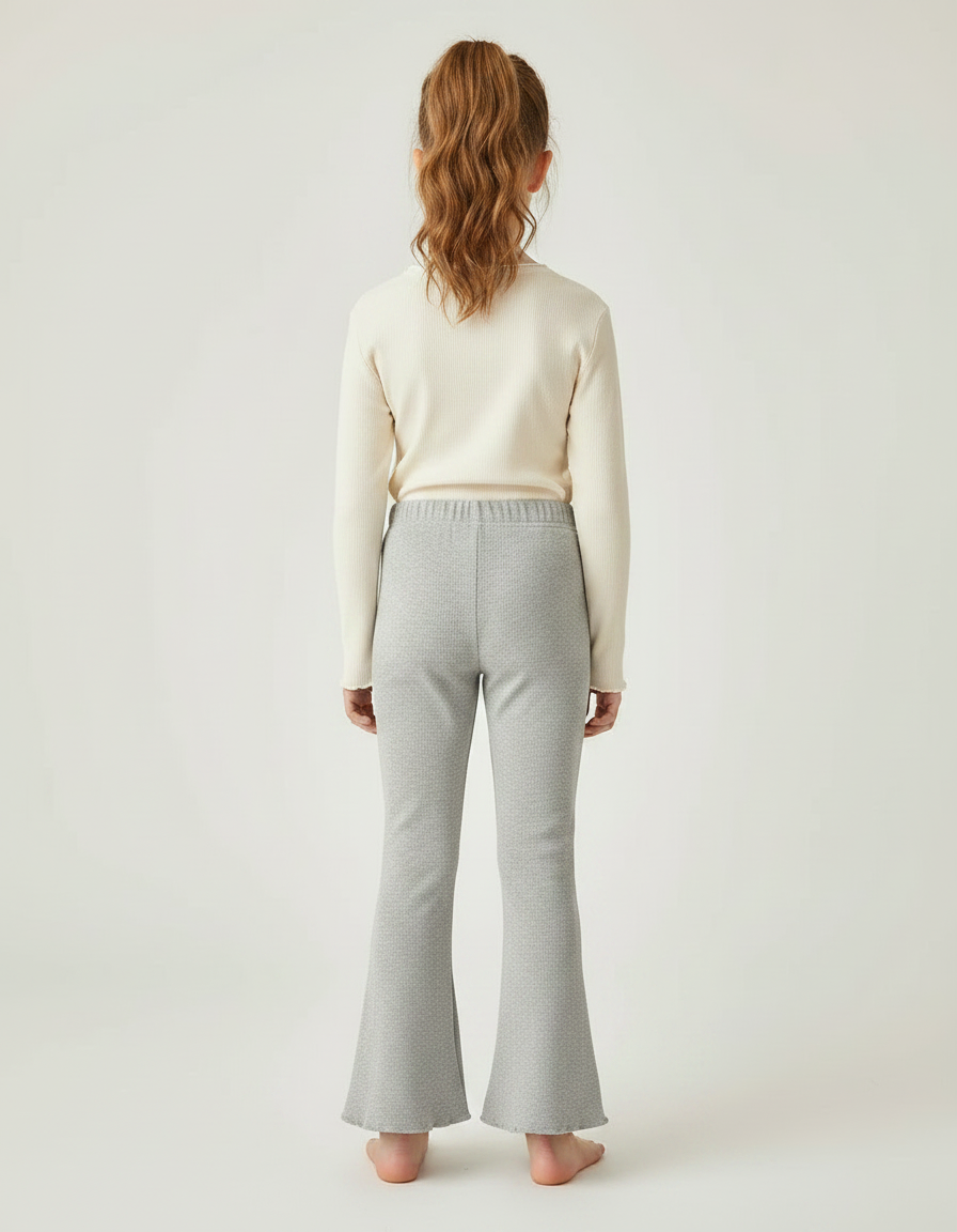 Pantalon Patte D'Éléphant Gris Côtelé Évasé Brodé Fille - Maille - vue 2