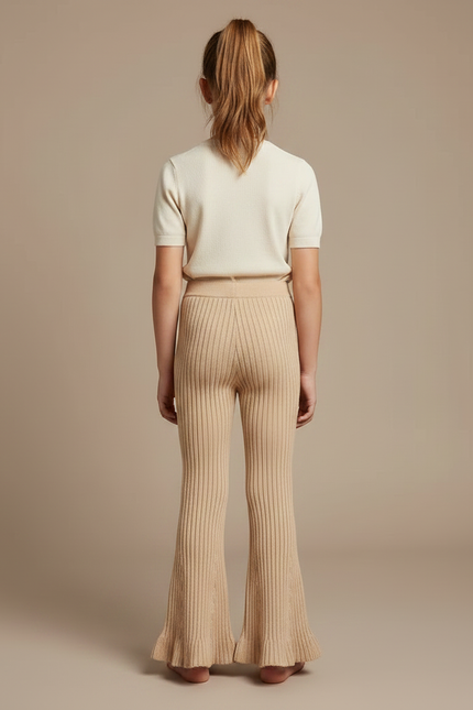 Pantalon Patte D'Éléphant Côtelé Beige Évasé Volants Enfant - Maille - vue 2
