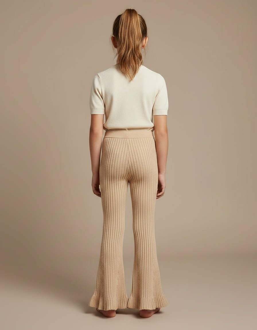 Pantalon Patte D'Éléphant Côtelé Beige Évasé Volants Enfant - Maille - vue 2