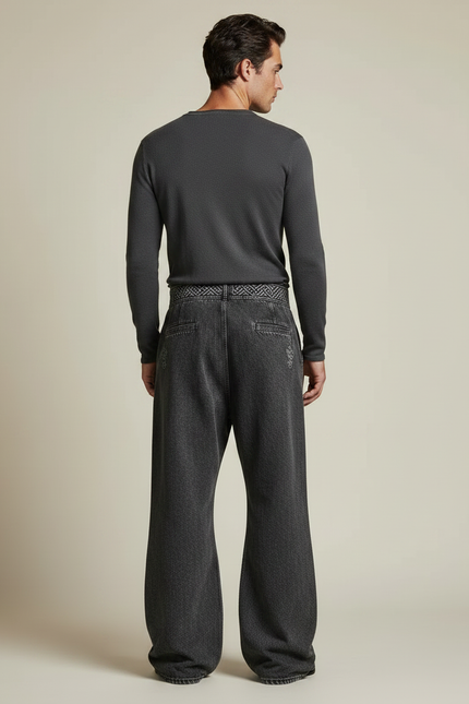 Pantalon Patte D'Éléphant Gris Brodé Celtique Ample Décontracté - Jean - vue 2