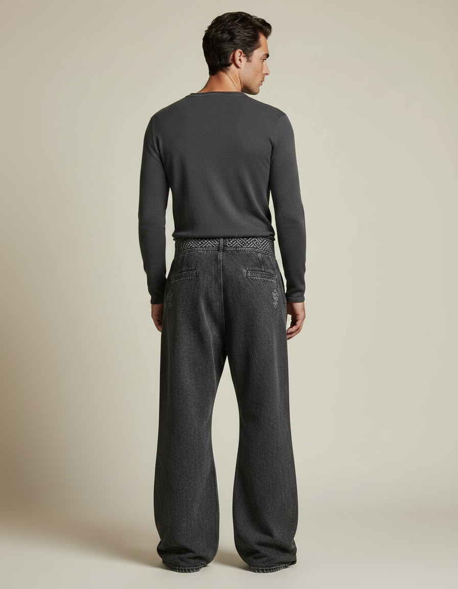 Pantalon Patte D'Éléphant Gris Brodé Celtique Ample Décontracté - Jean - vue 2