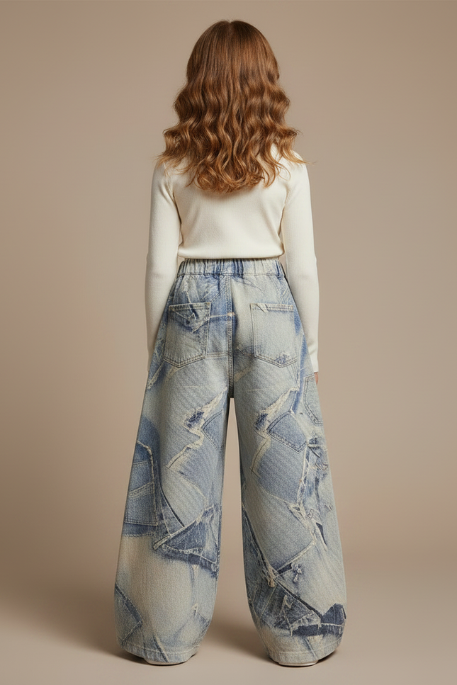 Pantalon Patte D'Éléphant Denim Patchwork Ample Délavé Enfant - Multicolore Jean - vue 2