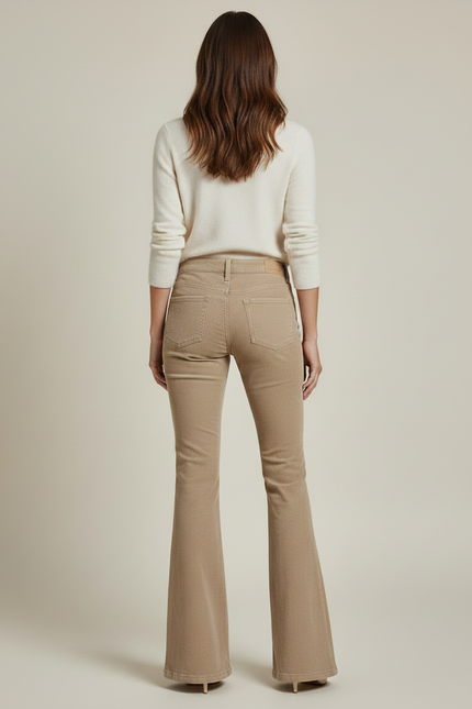 Pantalon Patte D'Éléphant Côtelé Beige Ajusté Évasé Rétro - Cordé - vue 2