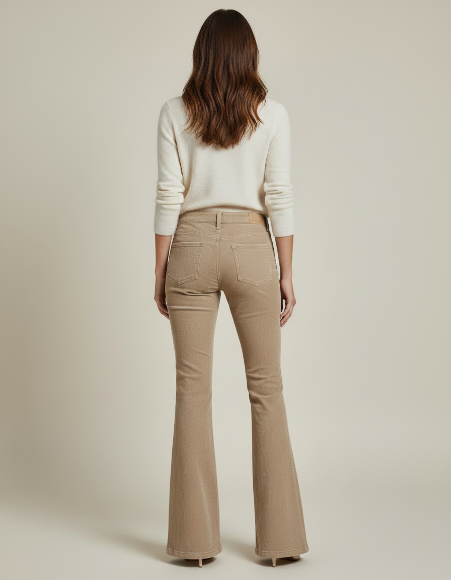 Pantalon Patte D'Éléphant Côtelé Beige Ajusté Évasé Rétro - Cordé - vue 2