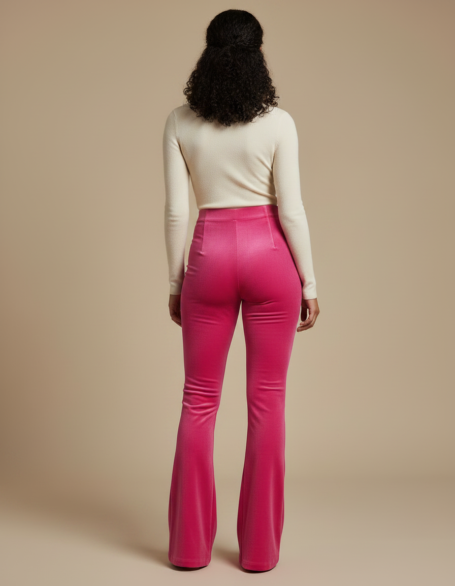 Pantalon Patte D'Éléphant Velours Rose Évasé Taille Haute - vue 2