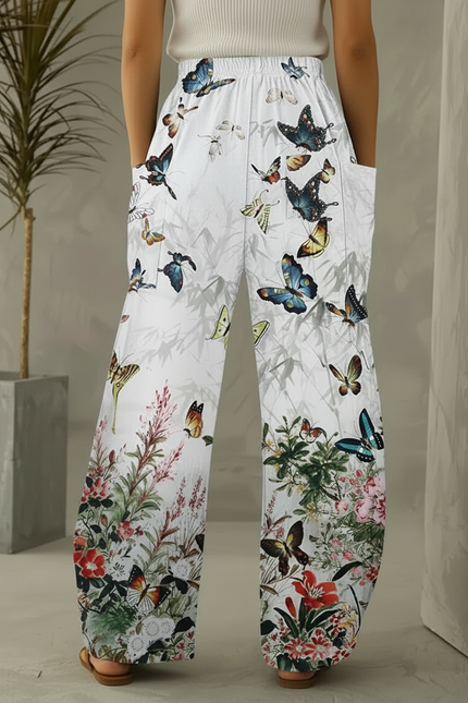 Pantalon Patte D'Éléphant Fluide Imprimé Papillon Floral Blanc - Viscose - vue 2