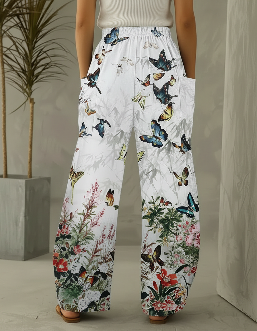 Pantalon Patte D'Éléphant Fluide Imprimé Papillon Floral Blanc - Viscose - vue 2