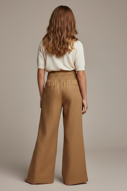 Pantalon Patte D'Éléphant Marron Smocké Fluide Ample Enfant - Lin - vue 2