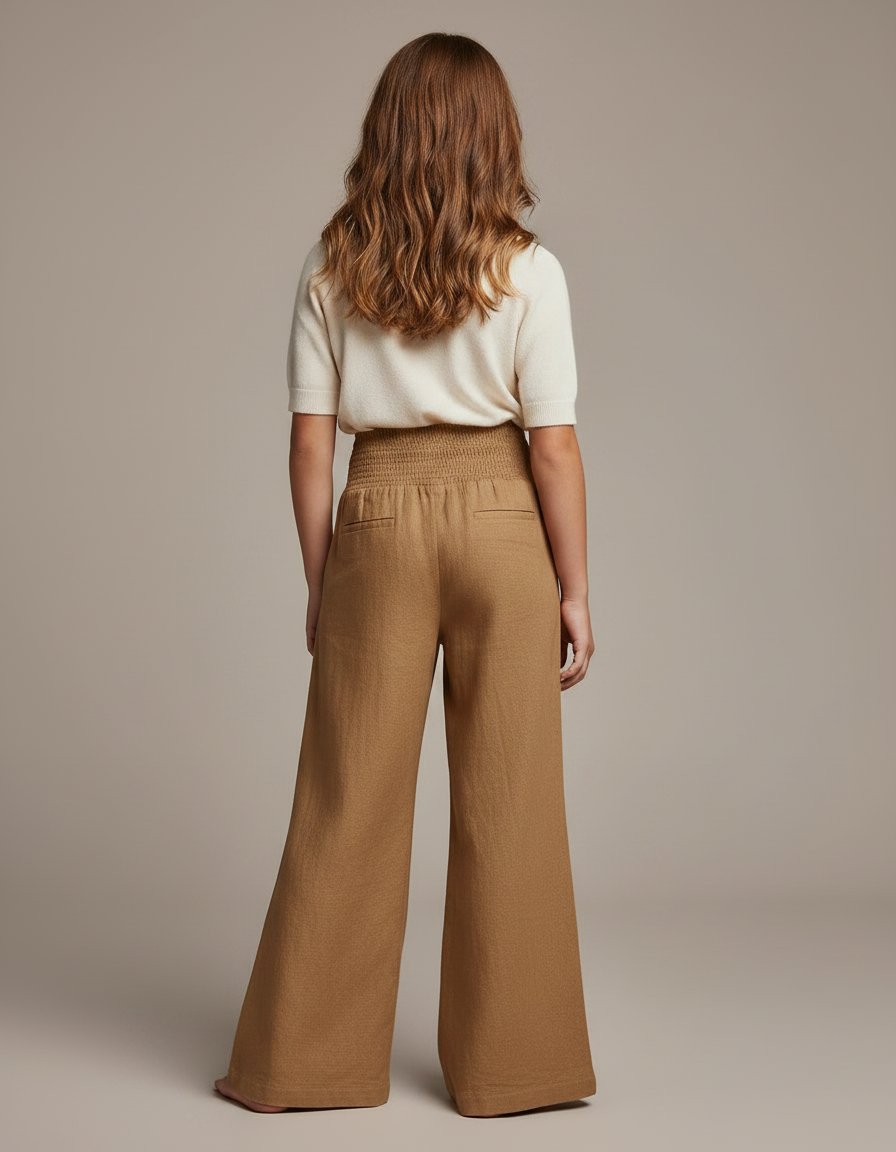 Pantalon Patte D'Éléphant Marron Smocké Fluide Ample Enfant - Lin - vue 2