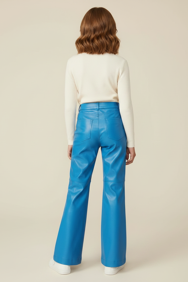 Pantalon Patte D'Éléphant Bleu Similicuir Évasé Taille Haute - Simili cuir - vue 2