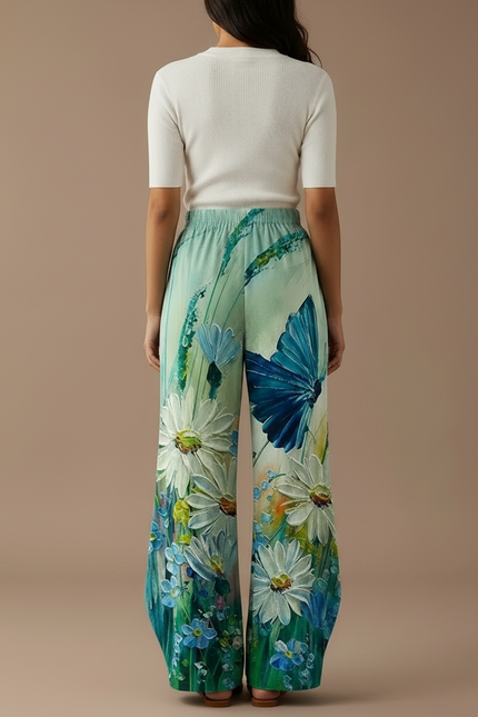 Pantalon Patte D'Éléphant Fluide Imprimé Floral Papillon Vert - Polyester - vue 2