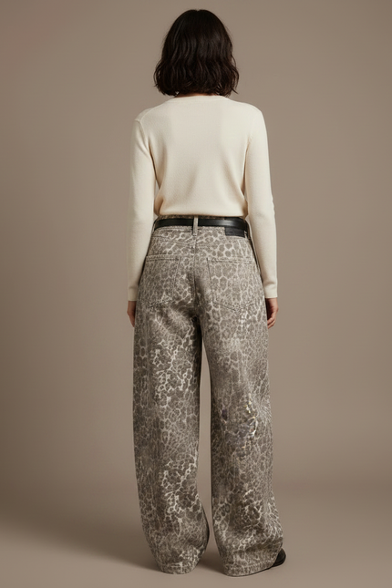 Pantalon Patte D'Éléphant Léopard Imprimé Denim Oversize Décontracté - Jean - vue 2