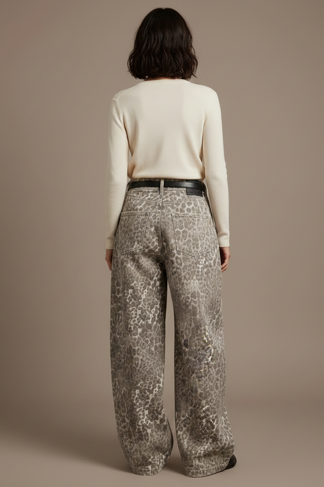Pantalon Patte D'Éléphant Léopard Imprimé Denim Oversize Décontracté - Jean - vue 2
