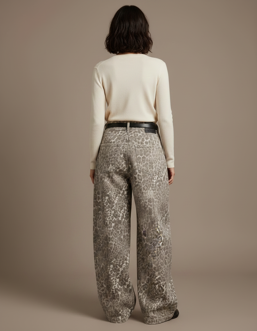 Pantalon Patte D'Éléphant Léopard Imprimé Denim Oversize Décontracté - Jean - vue 2
