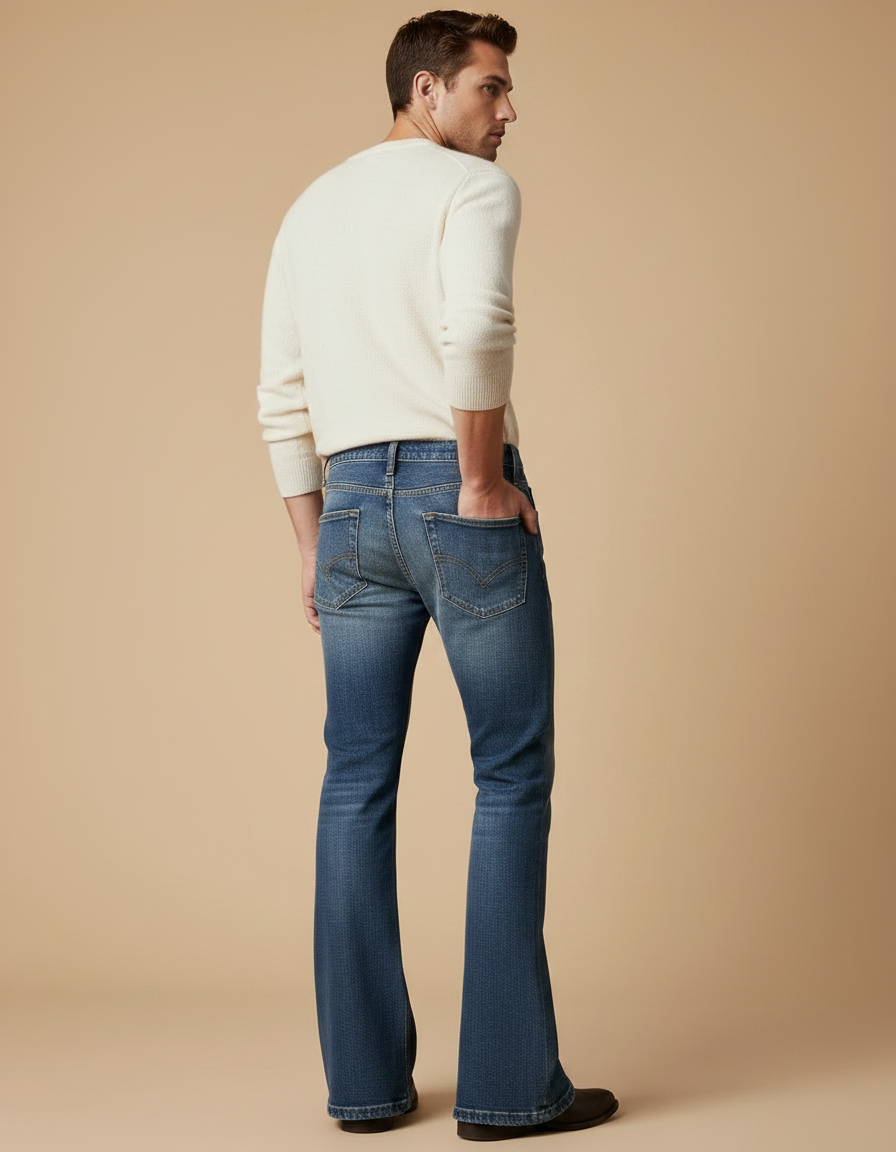 Pantalon Patte D'Éléphant Homme Bleu Denim Vintage Évasé - Jean - vue 2