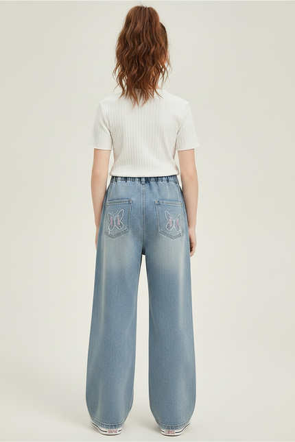 Pantalon Patte D'Éléphant Denim Papillons Brodés Large Fille - Bleu Jean - vue 2