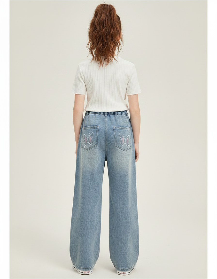 Pantalon Patte D'Éléphant Denim Papillons Brodés Large Fille - Bleu Jean - vue 2