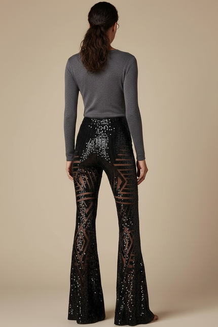 Pantalon Patte D'Éléphant Noir Pailleté Transparent Géométrique Femme - Maille - vue 2