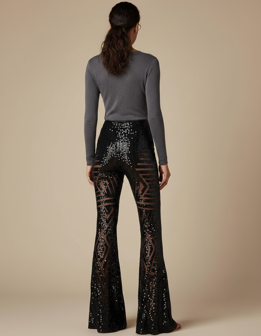 Pantalon Patte D'Éléphant Noir Pailleté Transparent Géométrique Femme - Maille - vue 2