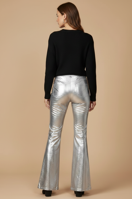Pantalon Patte D'Éléphant Argenté Brillant Évasé Similicuir Femme - Simili cuir - vue 2