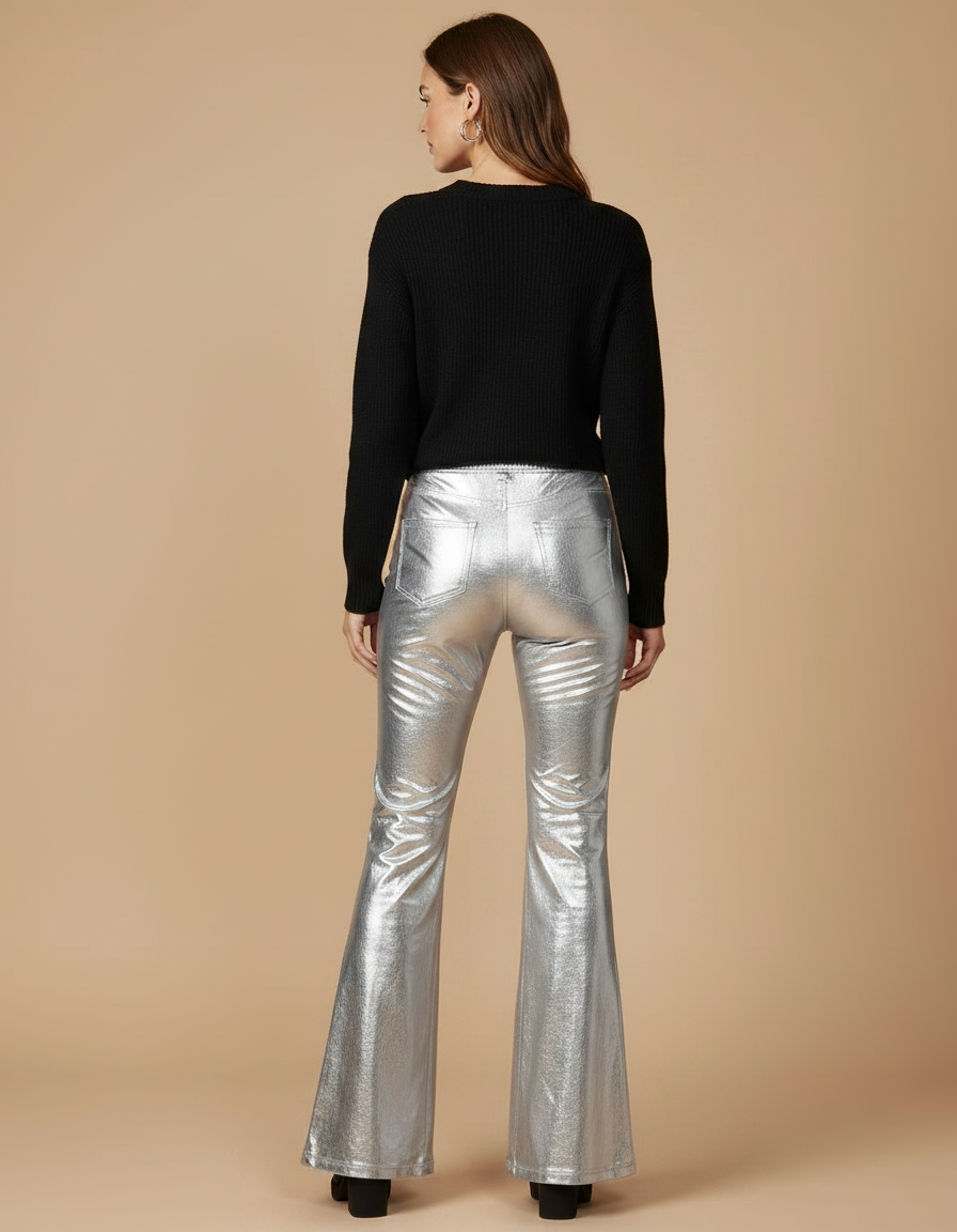 Pantalon Patte D'Éléphant Argenté Brillant Évasé Similicuir Femme - Simili cuir - vue 2