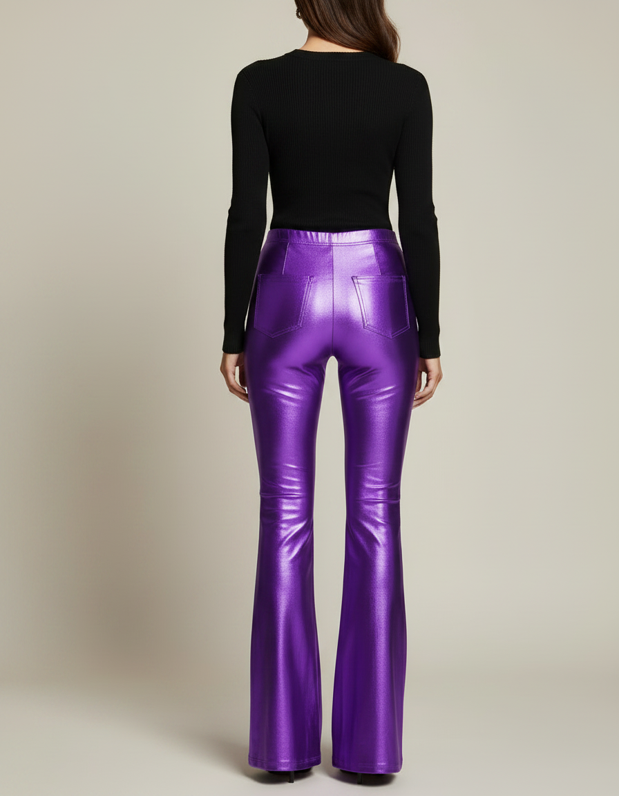 Pantalon Patte D'Éléphant Violet Métallique Brillant Évasé Femme - Polyester - vue 2
