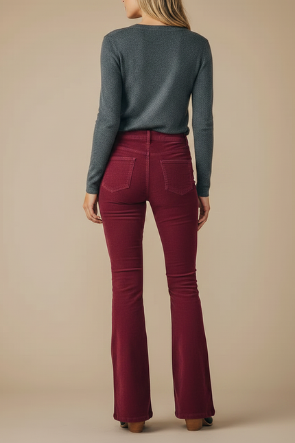 Pantalon Patte D'Éléphant Bordeaux Côtelé Évasé Taille Haute - Cordé - vue 2
