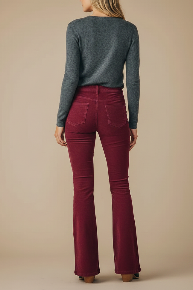 Pantalon Patte D'Éléphant Bordeaux Côtelé Évasé Taille Haute - Cordé - vue 2