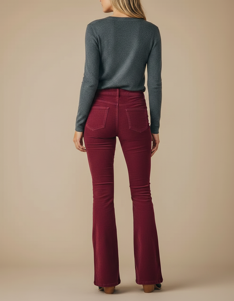 Pantalon Patte D'Éléphant Bordeaux Côtelé Évasé Taille Haute - Cordé - vue 2