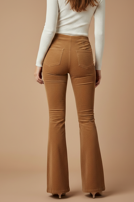 Pantalon Patte D'Éléphant Marron Côtelé Taille Haute Évasé Femme - Camel Cordé - vue 2