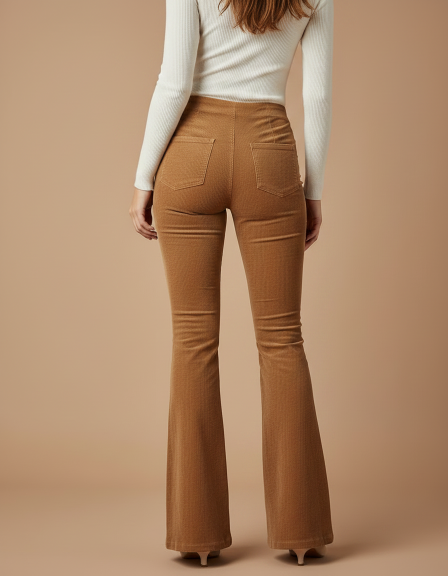 Pantalon Patte D'Éléphant Marron Côtelé Taille Haute Évasé Femme - Camel Cordé - vue 2