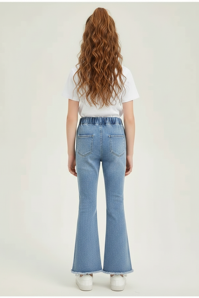 Pantalon Patte D'Éléphant Denim Évasé Papillons Brodés Fille - Bleu Jean - vue 2