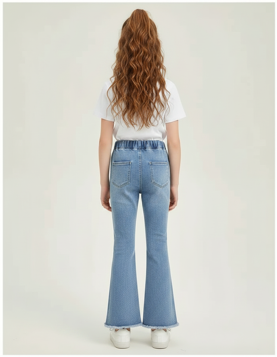 Pantalon Patte D'Éléphant Denim Évasé Papillons Brodés Fille - Bleu Jean - vue 2