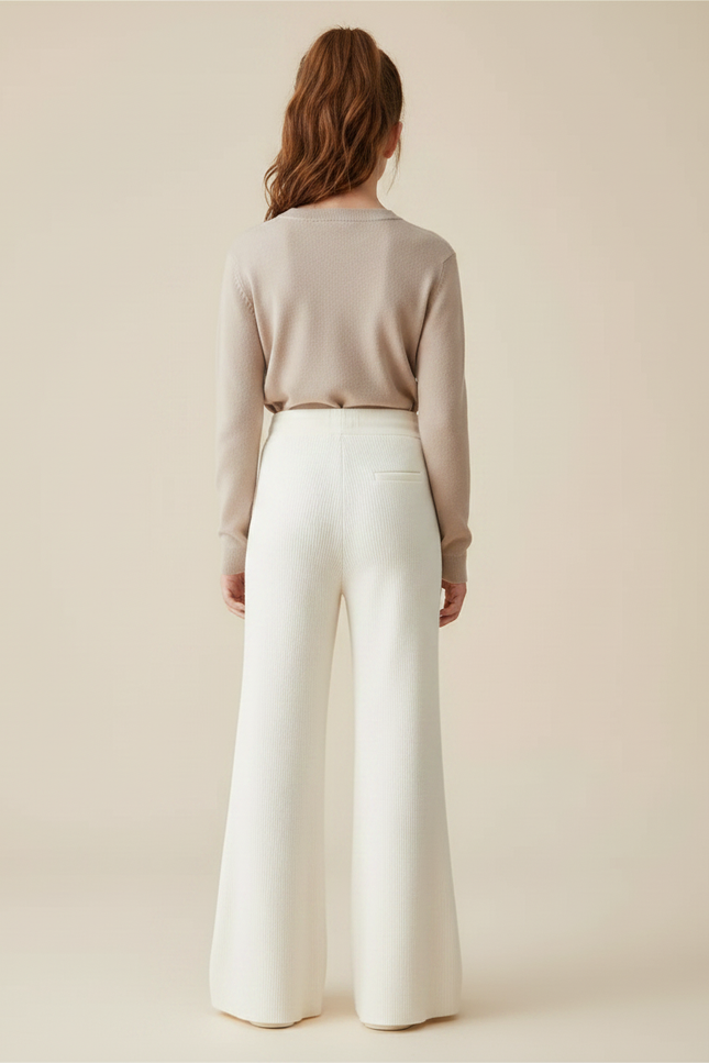 Pantalon Patte D'Éléphant Écru Tricot Côtelé Confortable Cordon - Blanc Maille - vue 2