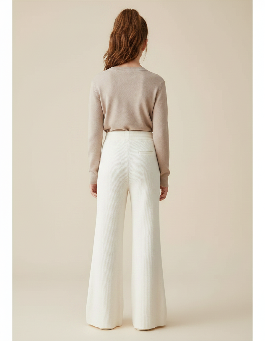 Pantalon Patte D'Éléphant Écru Tricot Côtelé Confortable Cordon - Blanc Maille - vue 2