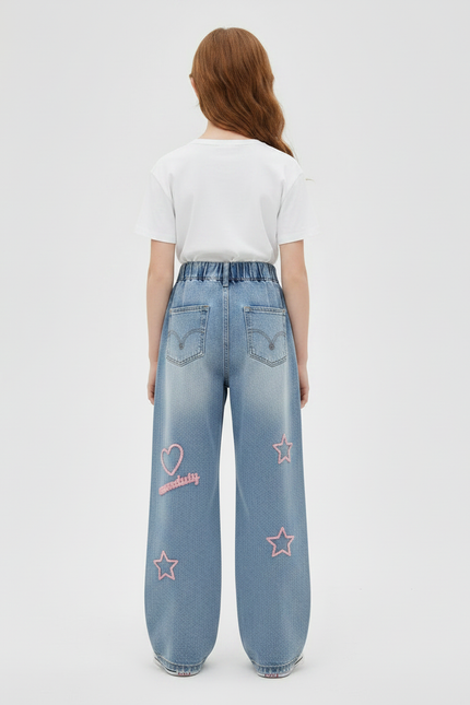 Pantalon Patte D'Éléphant Denim Brodé Étoiles Coeurs Ample Fille - Bleu Jean - vue 2