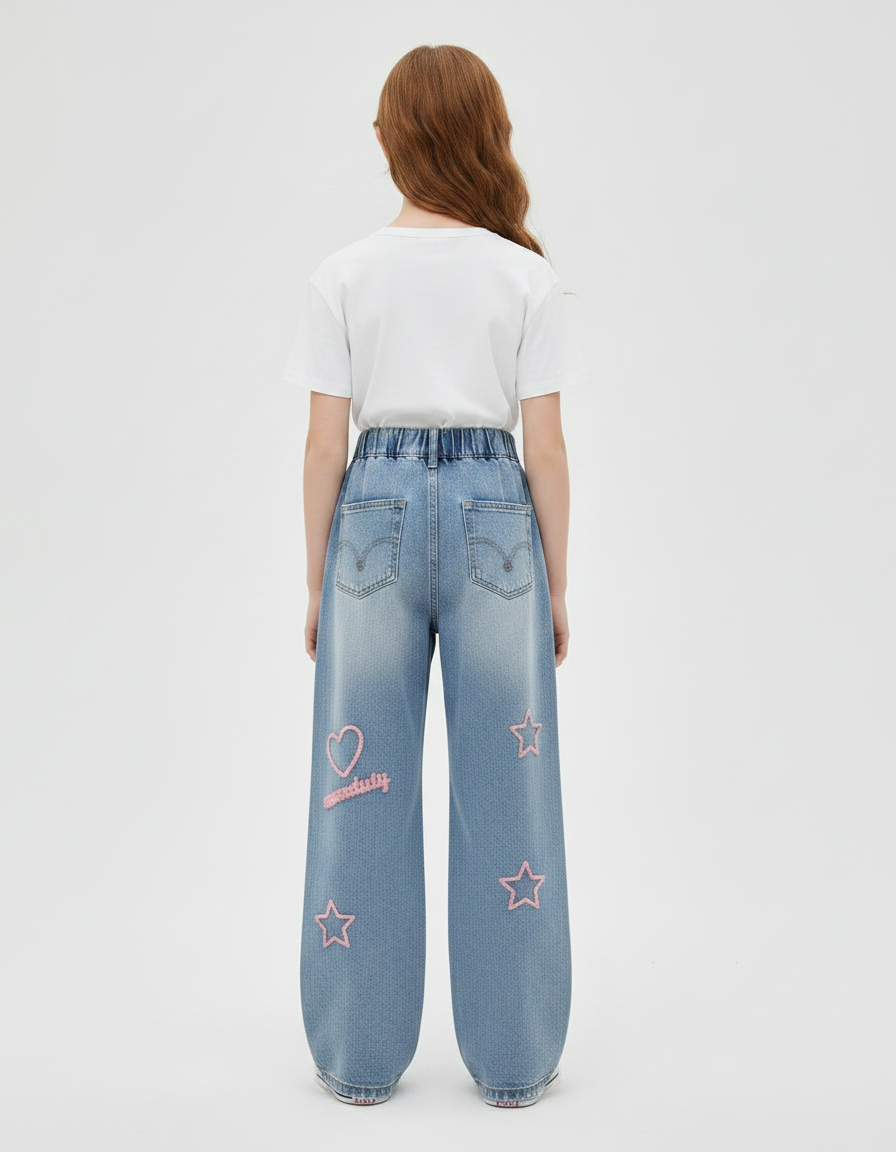 Pantalon Patte D'Éléphant Denim Brodé Étoiles Coeurs Ample Fille - Bleu Jean - vue 2